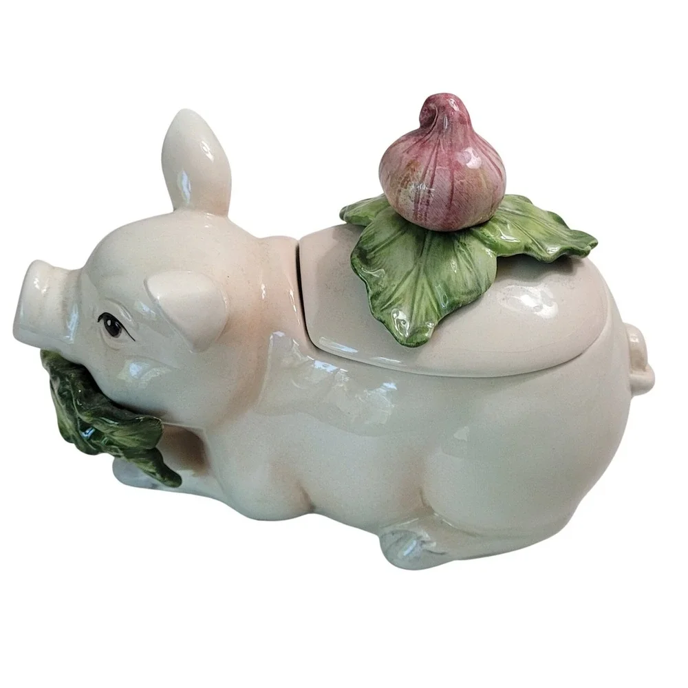 Fitz and Floyd French Market Percy Pig Jam Jar Cream Ceramic Honey Pot Lid